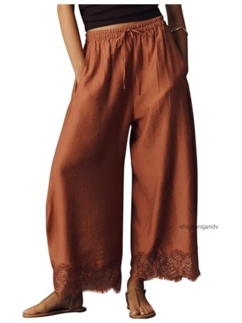 Lace Trim Wide Leg Cropped Pants Women Lightweight Casual Beach